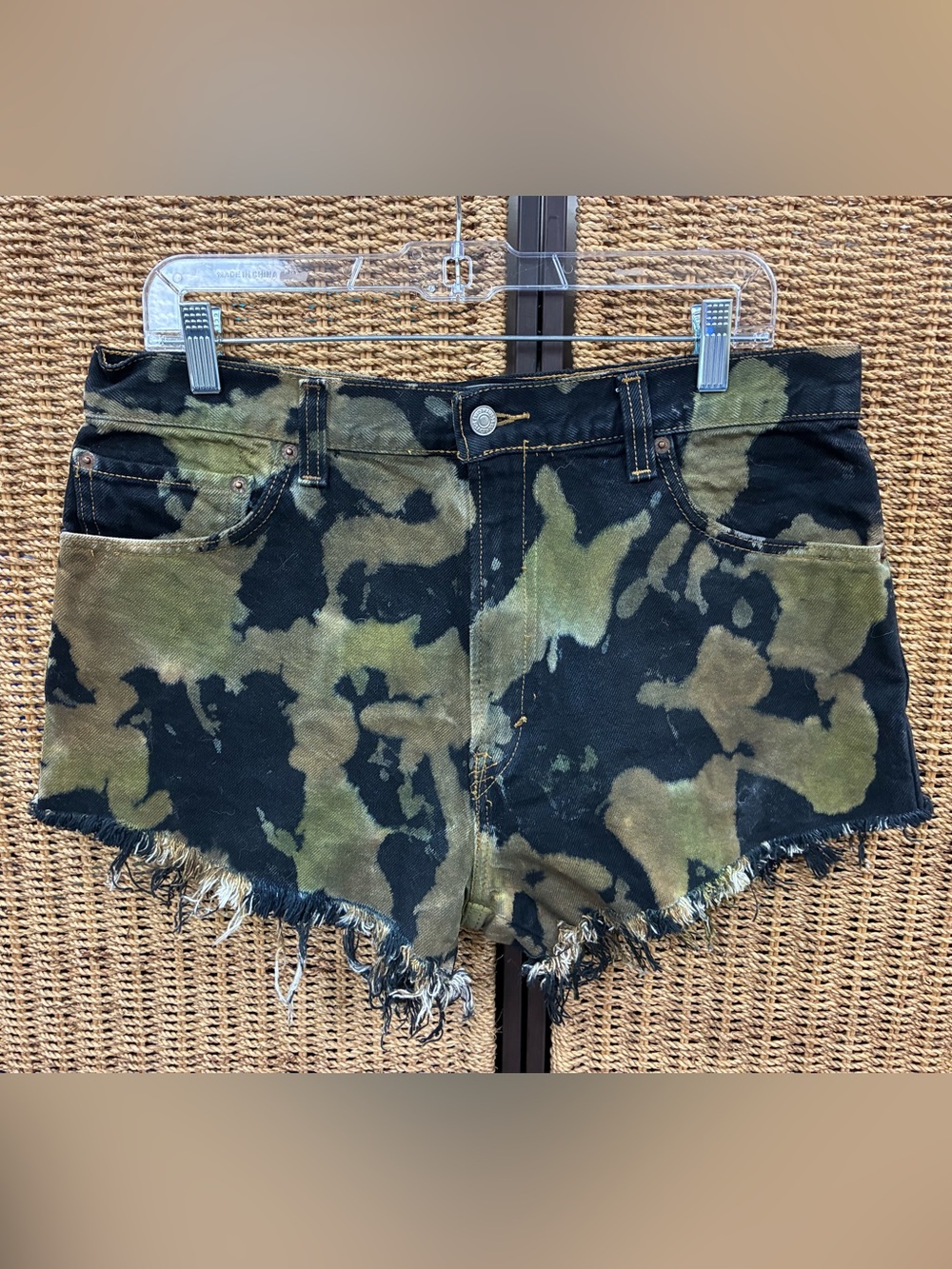 Reworked Levi’s Camo Bleach Dye Cutoff Denim Shorts Festival Grunge Y2K